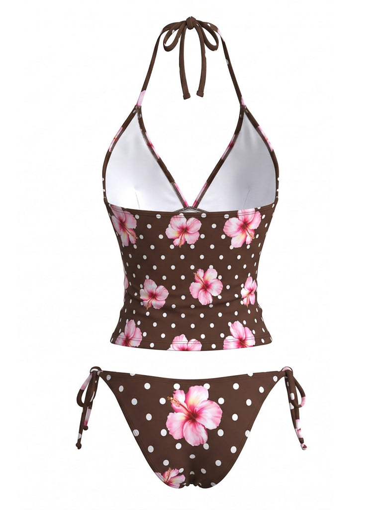 Brown 1980s Floral Polka Dot Halter Bikini Set, vintage swimsuit, pin-up swimwear - perfect for women who love vintage and retro fashion