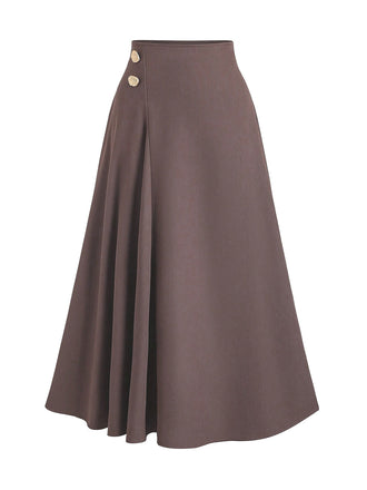 Brown 1980s High-Waist Button Pleated Skirt - vintage skirt, retro style, swing skirt for vintage lovers
