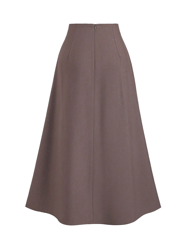 Brown 1980s High-Waist Button Pleated Skirt: beautiful vintage skirt, retro style, swing skirt with timeless appeal