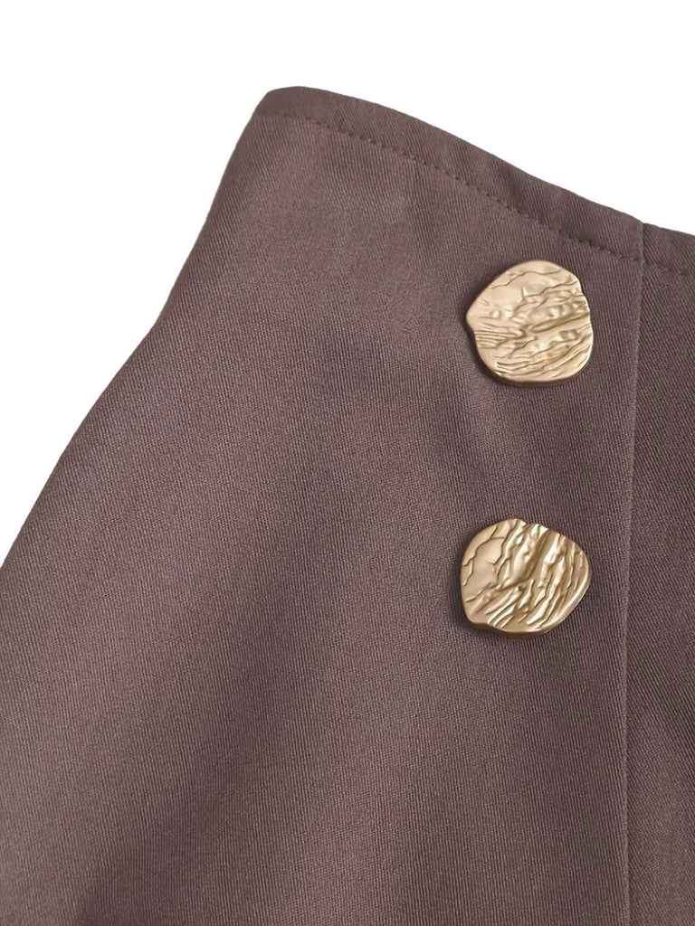 Brown 1980s High-Waist Button Pleated Skirt | vintage skirt, retro style, swing skirt - perfect for retro fashion enthusiasts