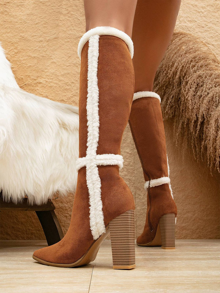 Brown Flannelette Patchwork Chunky Heel Boots — vintage style that transcends decades