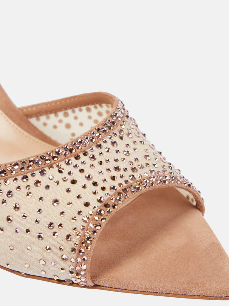 This Brown Pointed Rhinestoned Stiletto Heel Slippers whispers vintage secrets to those who notice