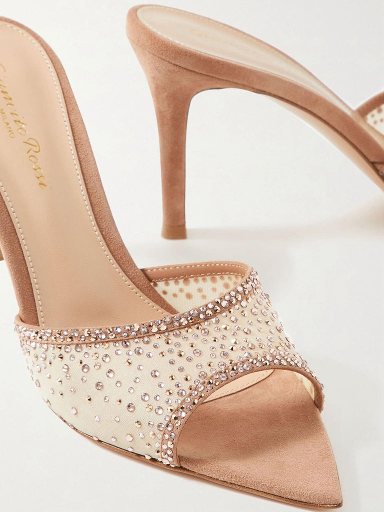 Brown Pointed Rhinestoned Stiletto Heel Slippers — vintage vintage charm for her modern wardrobe