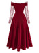 Burgundy 1930s Off-Shoulder Lace Long Sleeves Dress - vintage dress, retro fashion