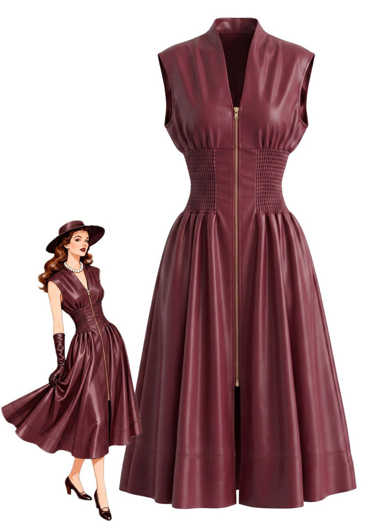 Burgundy 1940s Faux Leather Cap Sleeve Waisted Dress, vintage dress, retro fashion - vintage inspired fashion