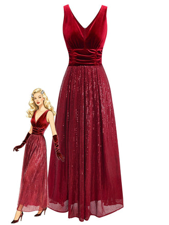 Burgundy 1950s Velvet Sequin V-Neck Maxi Dress - vintage dress, retro fashion, rockabilly