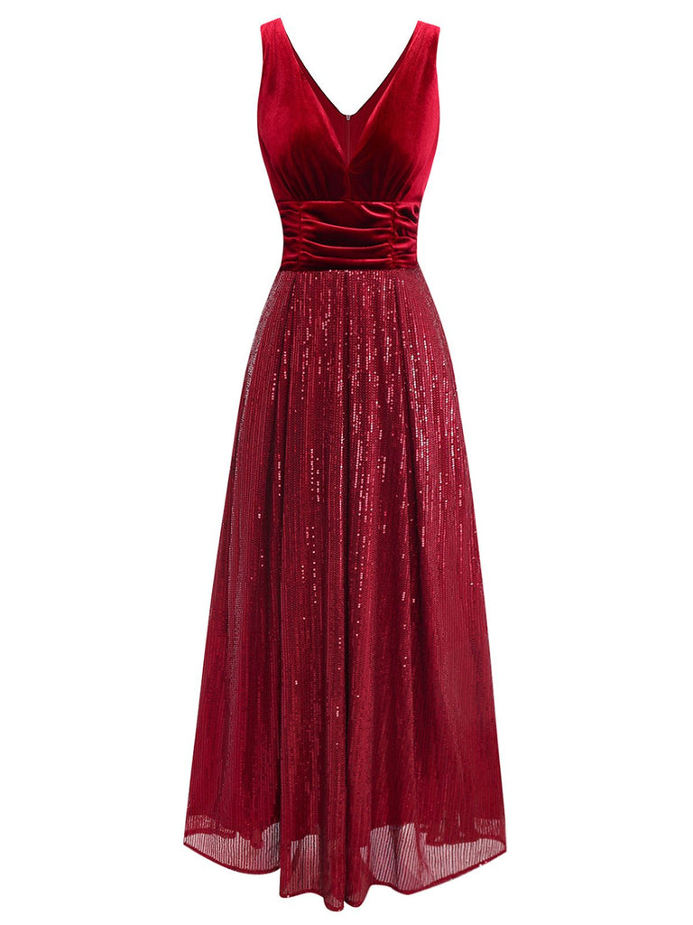 Burgundy 1950s Velvet Sequin V-Neck Maxi Dress - vintage dress, retro fashion, rockabilly