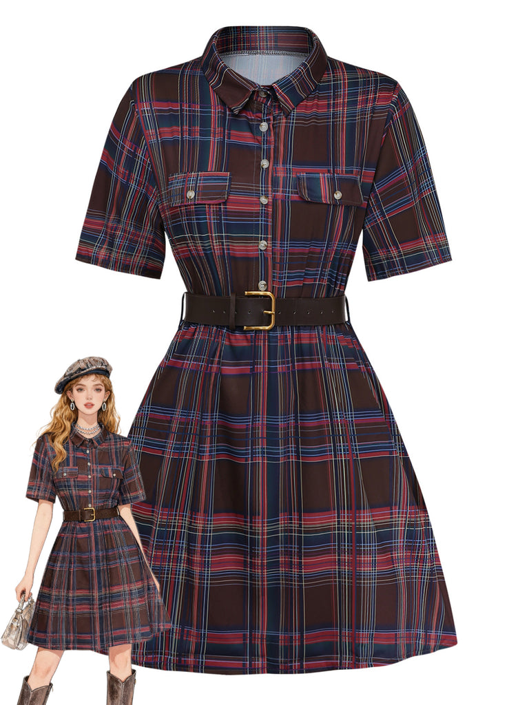 Red And Brown 1970s Plaid Dress