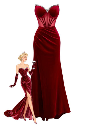 Burgundy 1980s Velvet Strapless Slit Dress - vintage dress, retro fashion
