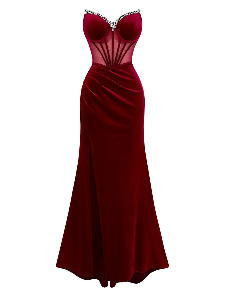 Burgundy 1980s Velvet Strapless Slit Dress - vintage dress, retro fashion