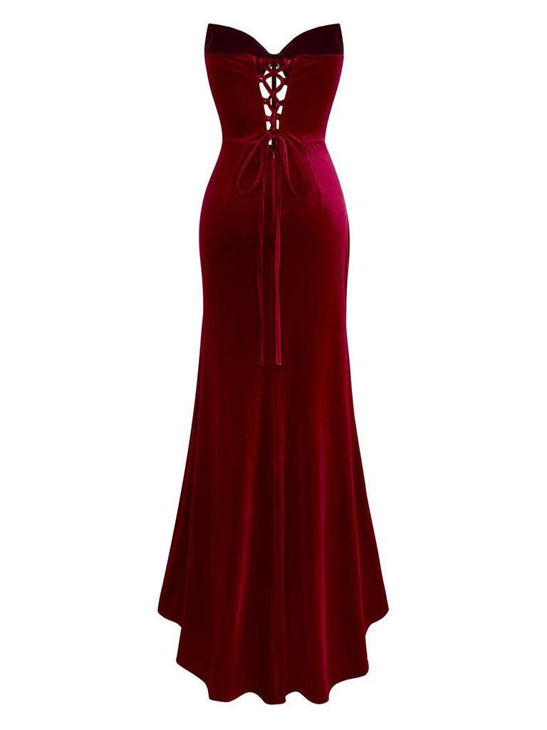 Burgundy 1980s Velvet Strapless Slit Dress - vintage dress, retro fashion