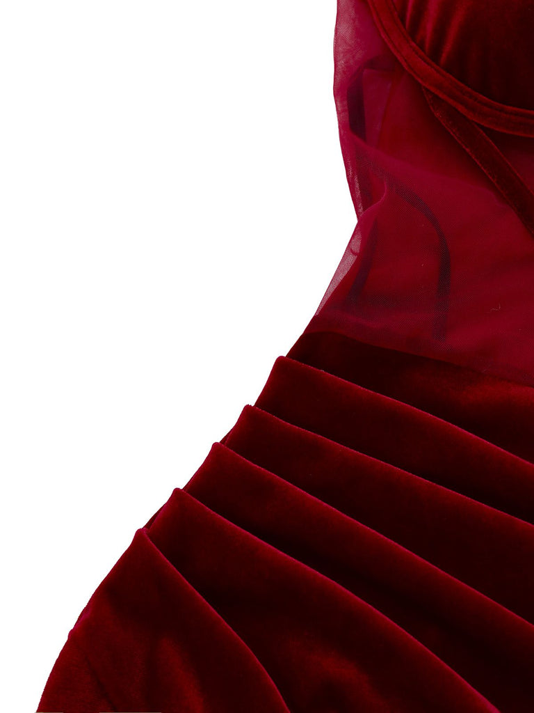 Burgundy 1980s Velvet Strapless Slit Dress - vintage dress, retro fashion