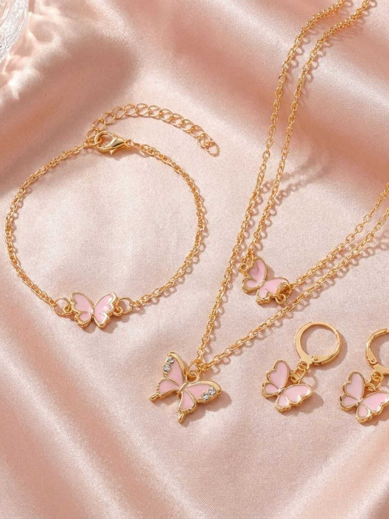 Butterfly Rhinestones Chain Necklace & Bracelet & Earrings - vintage fashion, retro style
