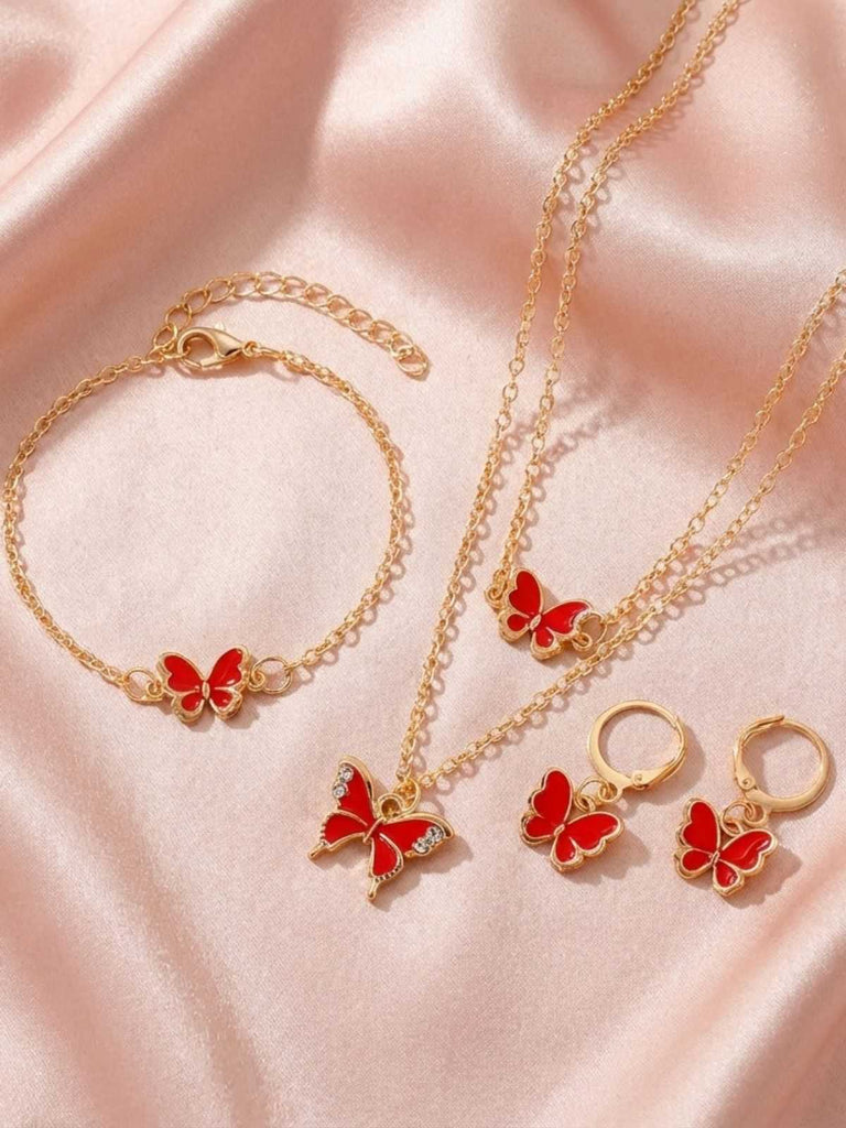 Butterfly Rhinestones Chain Necklace & Bracelet & Earrings - vintage fashion, retro style