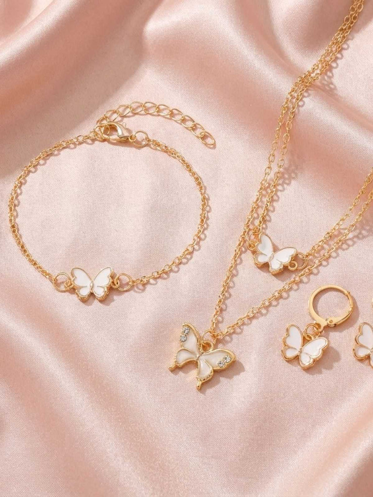 Butterfly Rhinestones Chain Necklace & Bracelet & Earrings - vintage fashion, retro style