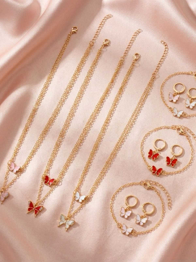 Butterfly Rhinestones Chain Necklace & Bracelet & Earrings - vintage fashion, retro style