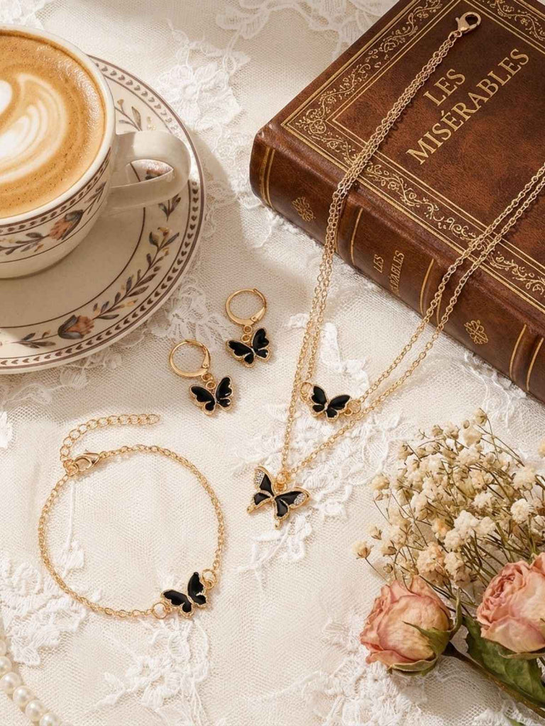 Butterfly Rhinestones Chain Necklace & Bracelet & Earrings - vintage fashion, retro style