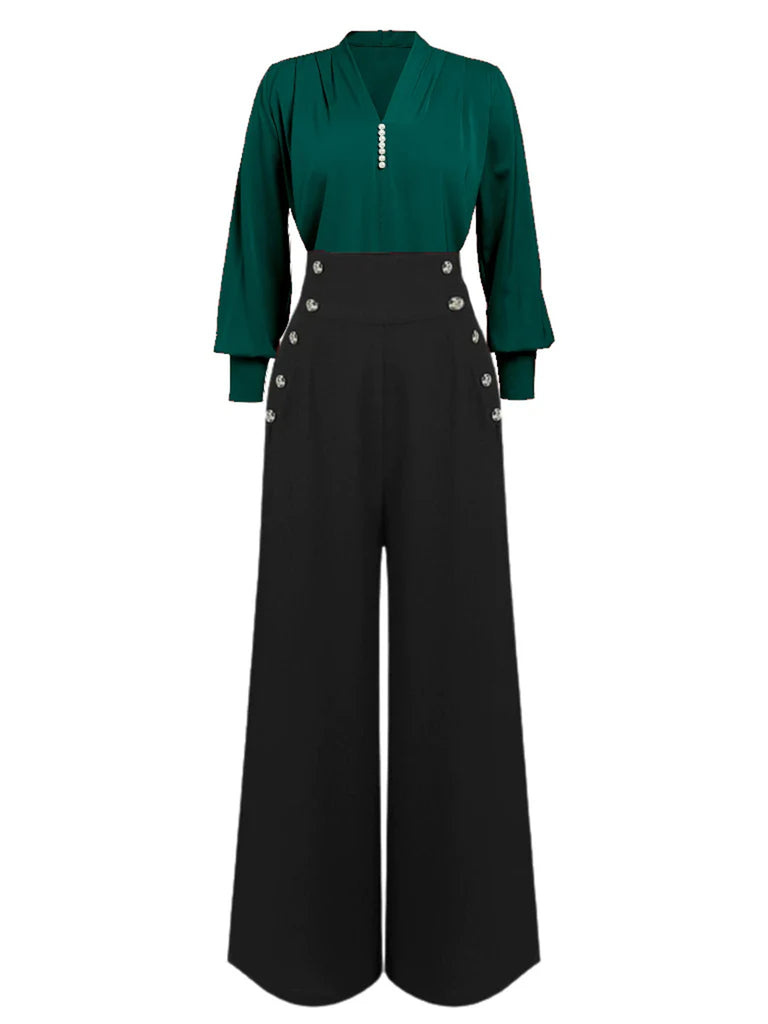 1930s Solid Blouse & Suspender Pants