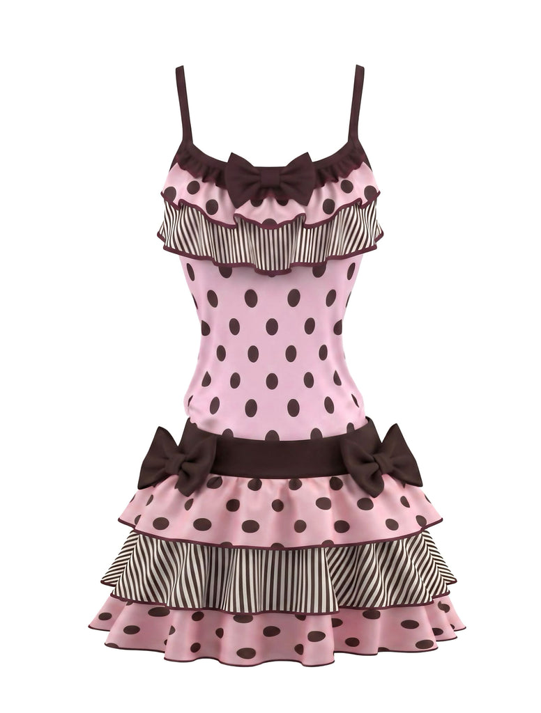 2PCS 1980s Polka Dot Sleeveless Tank Top & Layered Mini Skirt