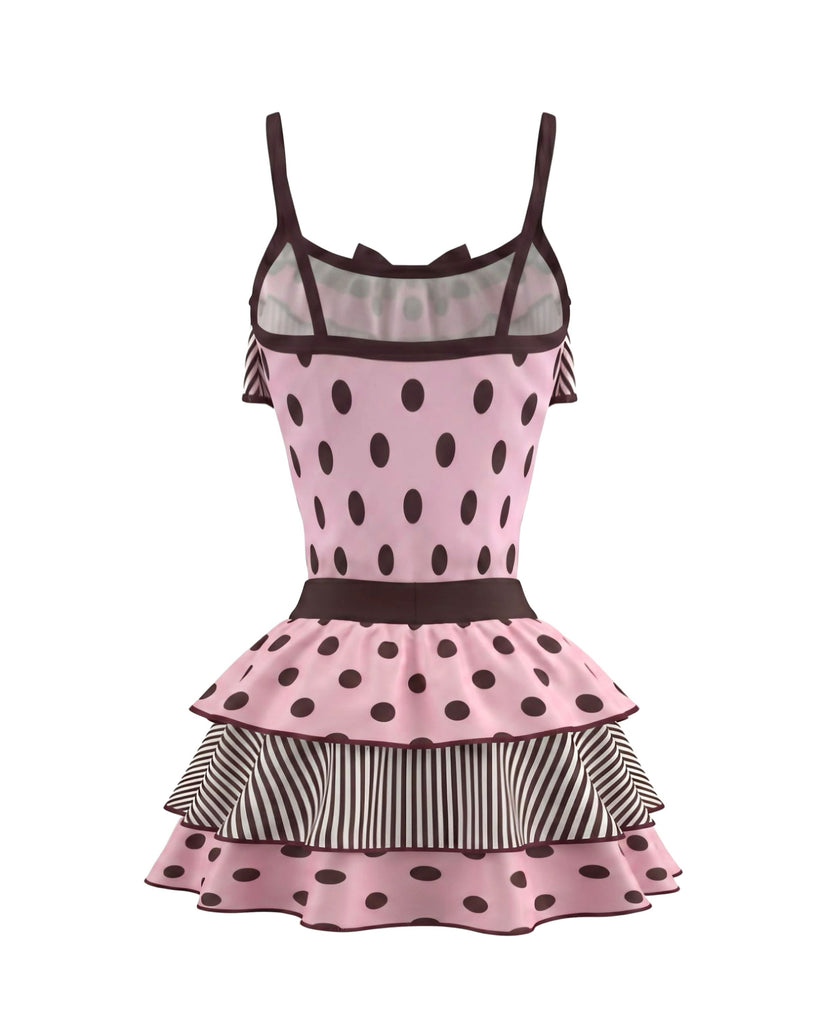 2PCS 1980s Polka Dot Sleeveless Tank Top & Layered Mini Skirt