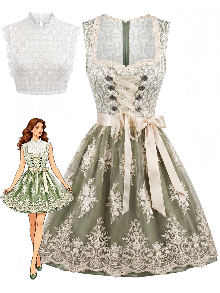 Light Green 1950s Square Neck Dress & Floral Lace Apron & White Top