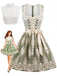 Light Green 1950s Square Neck Dress & Floral Lace Apron & White Top