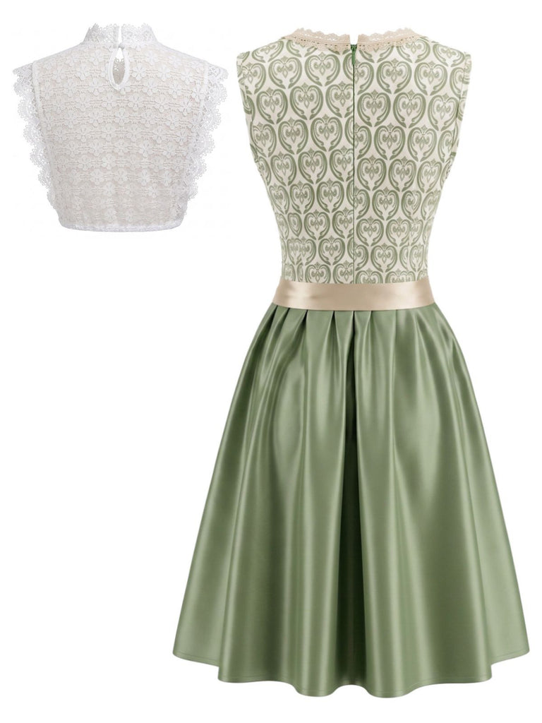 Light Green 1950s Square Neck Dress & Floral Lace Apron & White Top