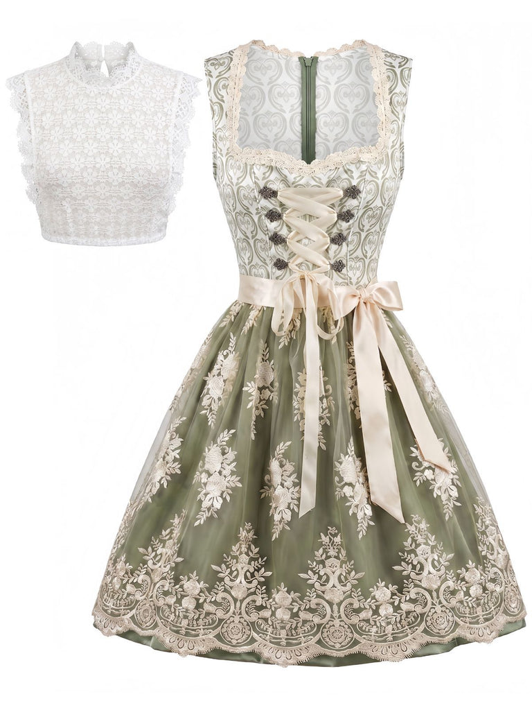 Light Green 1950s Square Neck Dress & Floral Lace Apron & White Top