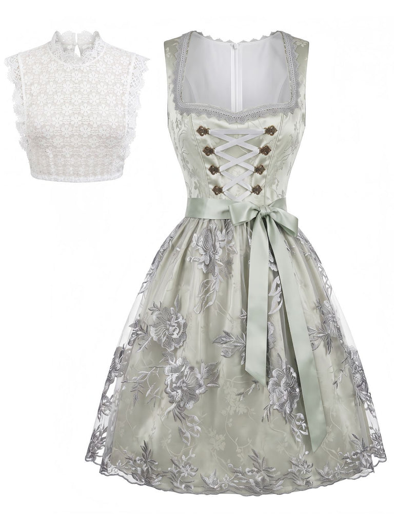 2PCS Blue 1950s Square Neck Floral Lace-Up Dress with Apron & Top