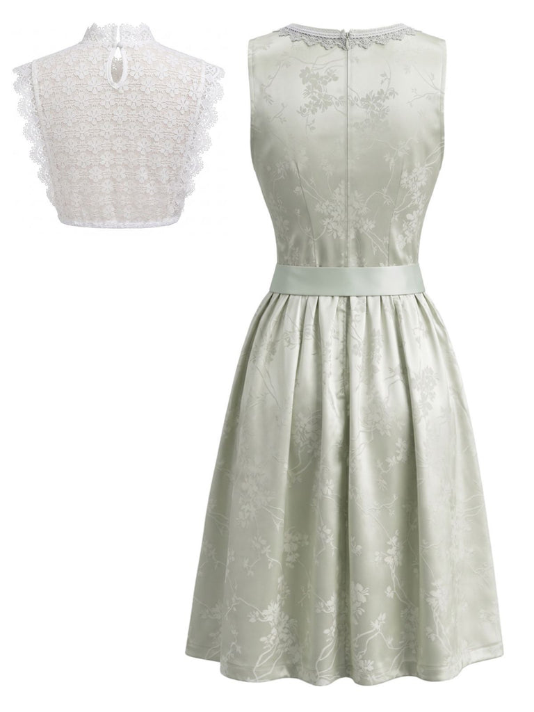 2PCS Blue 1950s Square Neck Floral Lace-Up Dress with Apron & Top