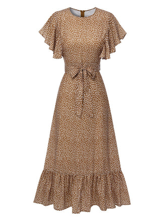Camel Color 1940s Polka Dots Ruffles Dress, vintage dress, retro fashion - perfect for women who love vintage and retro fashion