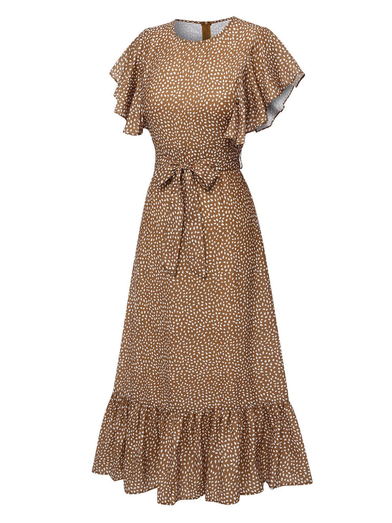 Camel Color 1940s Polka Dots Ruffles Dress, vintage dress, retro fashion - perfect for women who love vintage and retro fashion