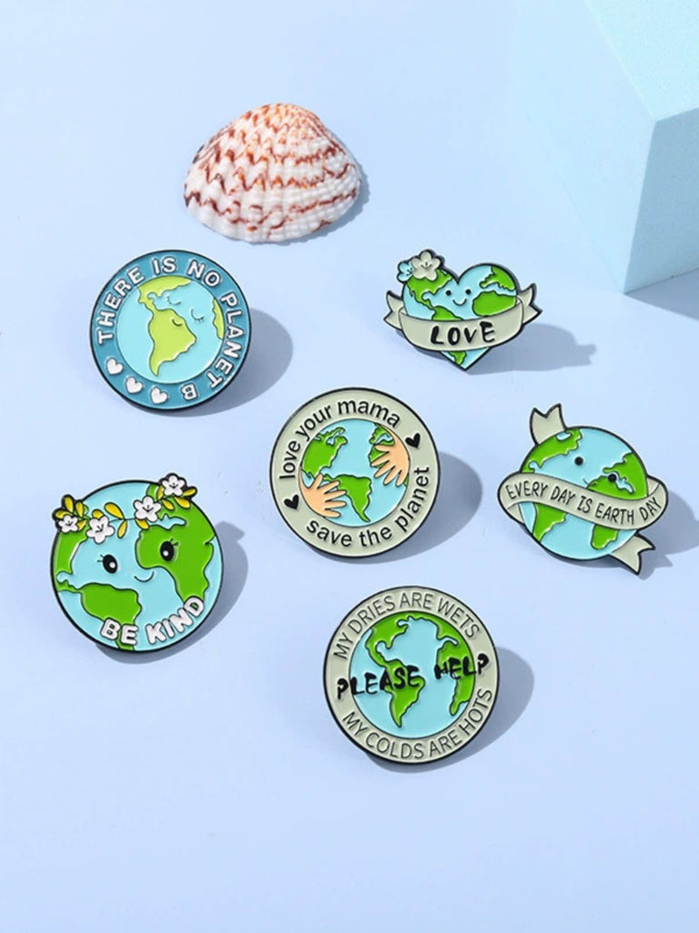 Cartoon Earth Day Letters Round Brooch - vintage fashion, retro style