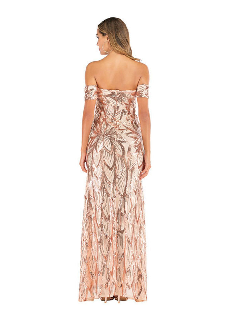 Champagne 1920s Floral Sequined Off-Shoulder Dress - vintage dress, retro fashion, Gatsby party