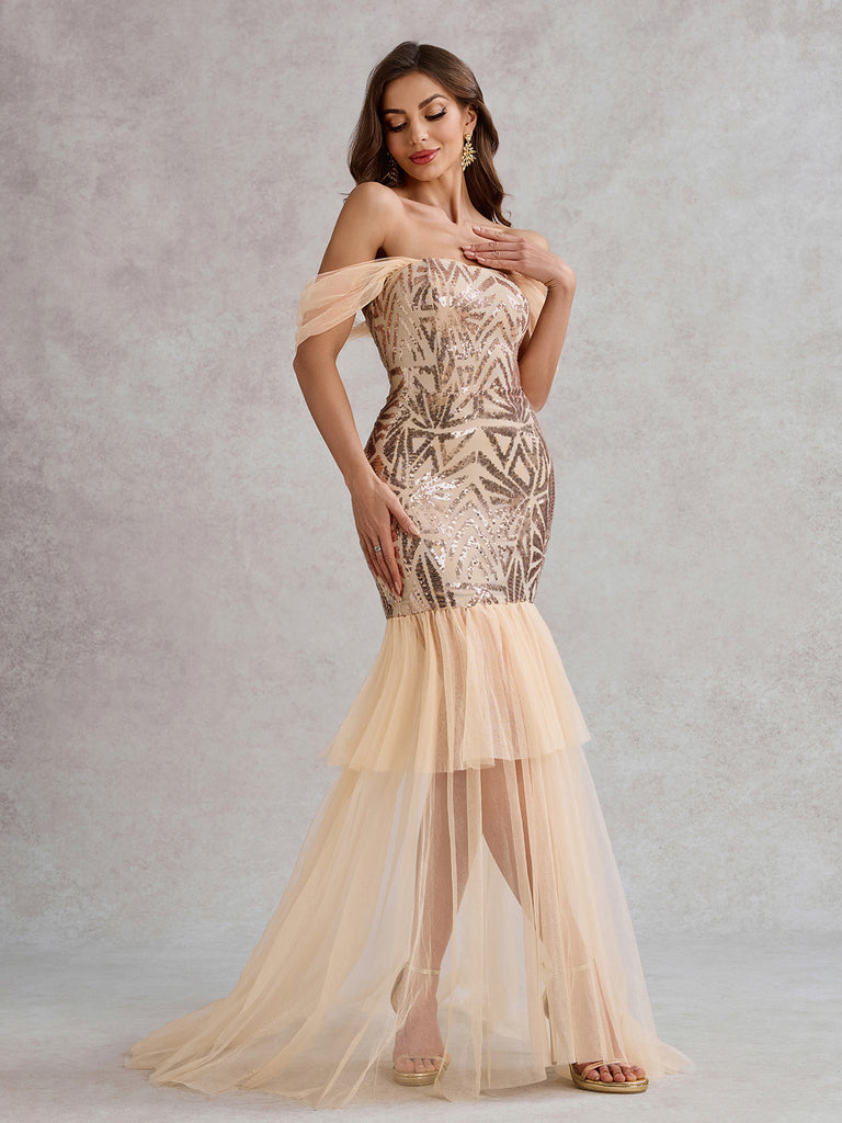 Champagne 1920s Off-Shoulder Sequined Mesh Dress - vintage dress, retro fashion, Gatsby party