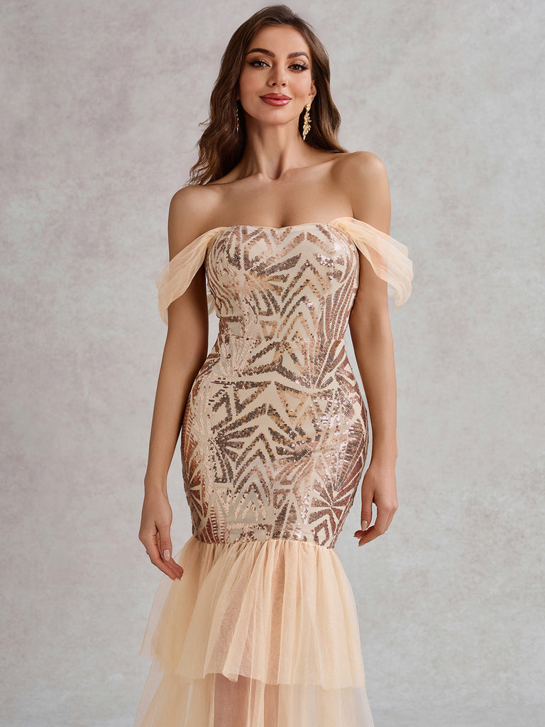 Champagne 1920s Off-Shoulder Sequined Mesh Dress - vintage dress, retro fashion, Gatsby party
