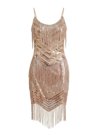 Champagne 1920s Spaghetti Strap Fringe Sequined Dress, vintage dress, retro fashion, Gatsby party, flapper style - perfect for women who love vintage and retro fashion
