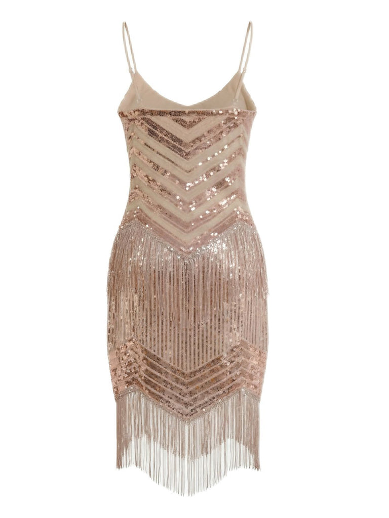 Champagne 1920s Spaghetti Strap Fringe Sequined Dress, vintage dress, retro fashion, Gatsby party, flapper style - perfect for women who love vintage and retro fashion