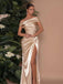 Champagne 1930s Off Shoulder Slit Satin Dress - vintage dress, retro fashion