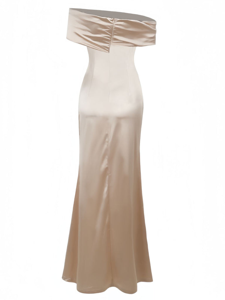 Champagne 1930s Off Shoulder Slit Satin Dress - vintage dress, retro fashion