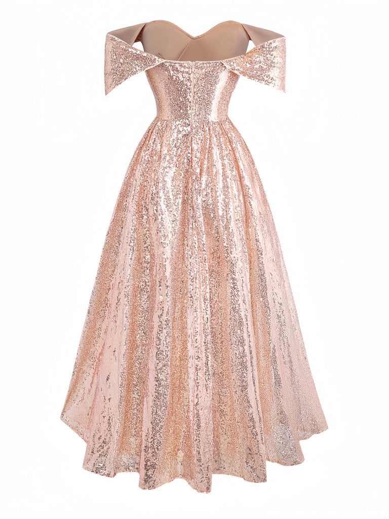 Champagne 1930s Off-Shoulder Sequin Dress - vintage dress, retro fashion
