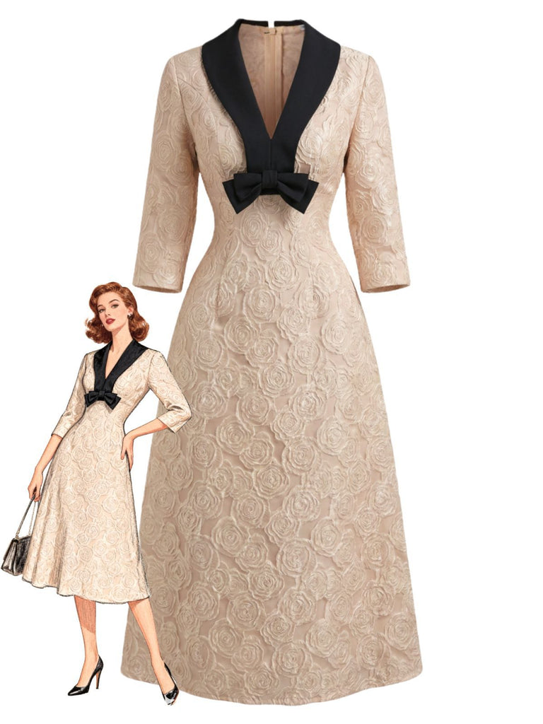 Champagne 1930s Rose Jacquard V-Neck Bow Dress - vintage dress, retro fashion