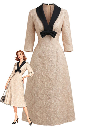 Champagne 1930s Rose Jacquard V-Neck Bow Dress - vintage dress, retro fashion