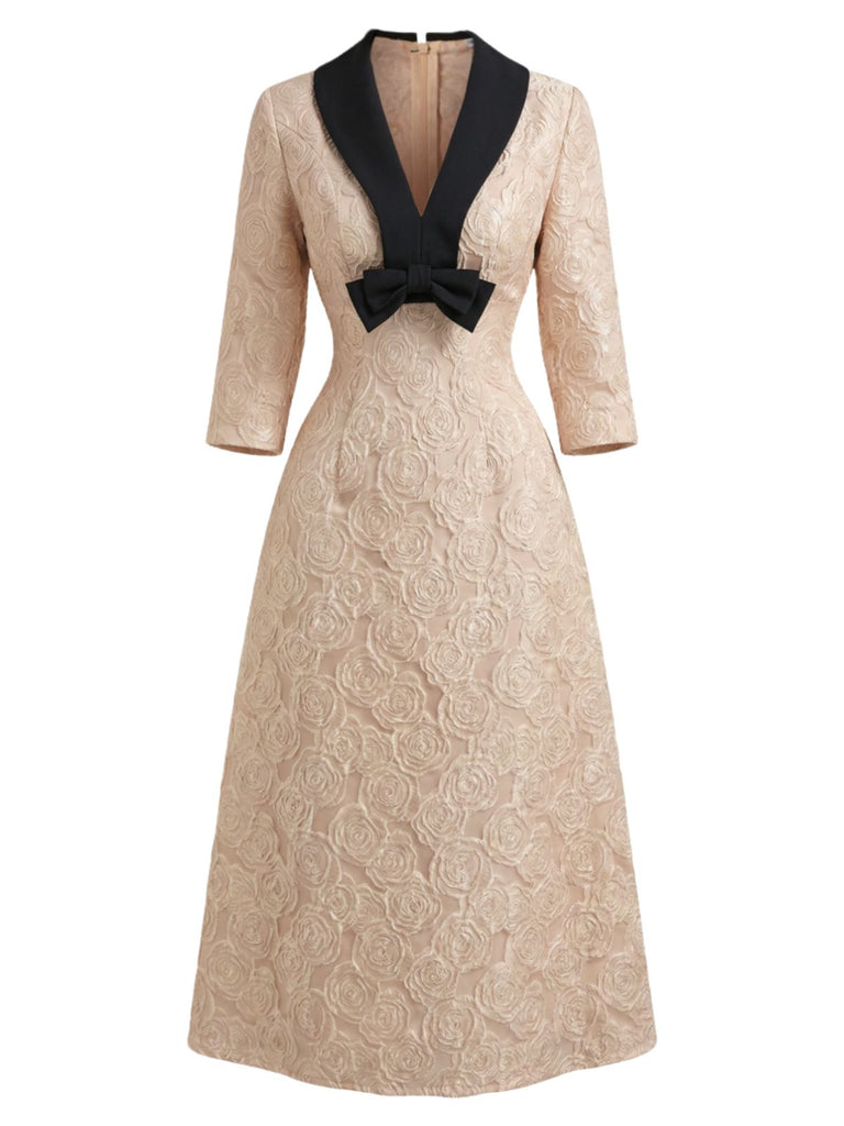Champagne 1930s Rose Jacquard V-Neck Bow Dress - vintage dress, retro fashion