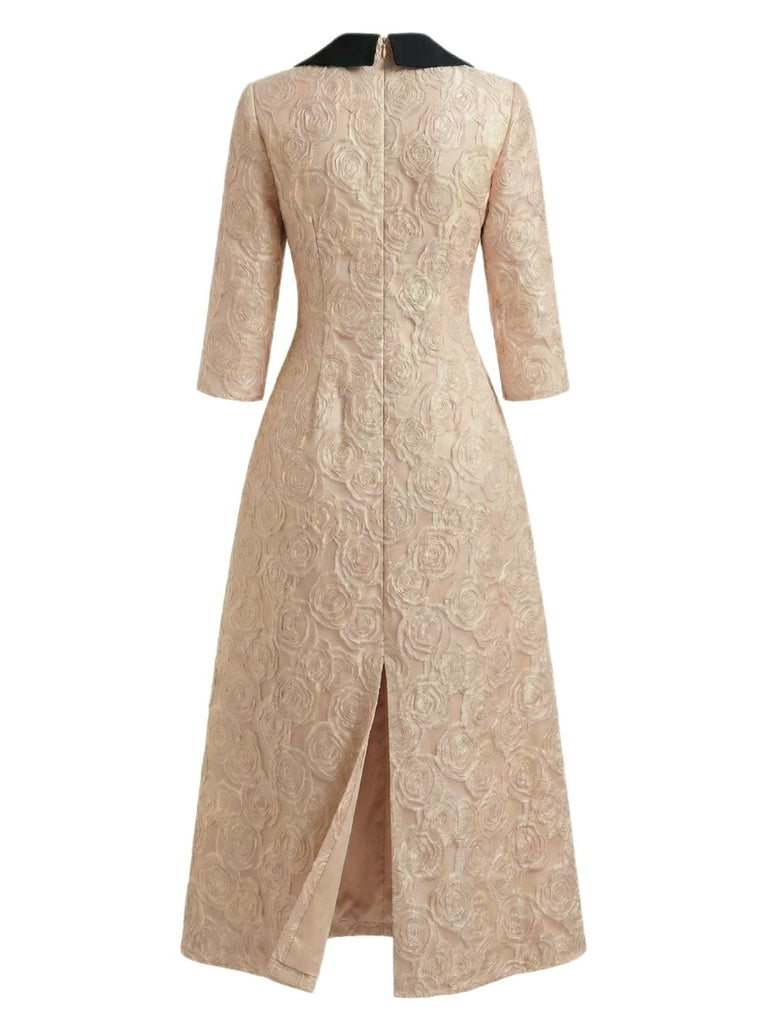Champagne 1930s Rose Jacquard V-Neck Bow Dress - vintage dress, retro fashion