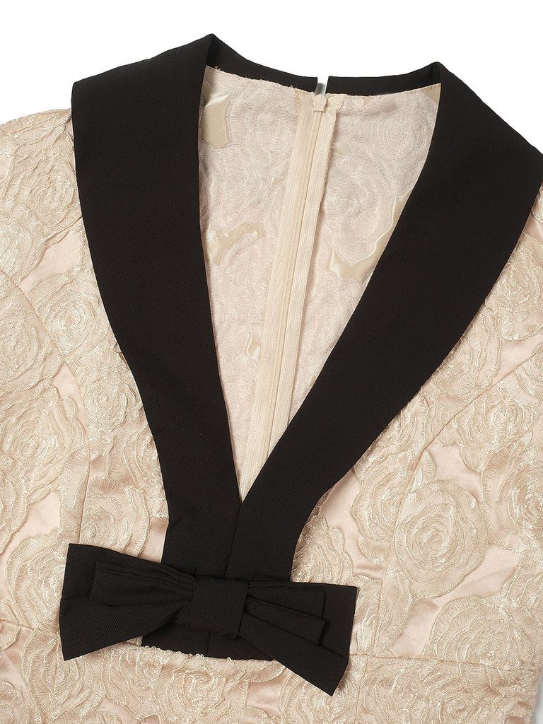 Champagne 1930s Rose Jacquard V-Neck Bow Dress - vintage dress, retro fashion