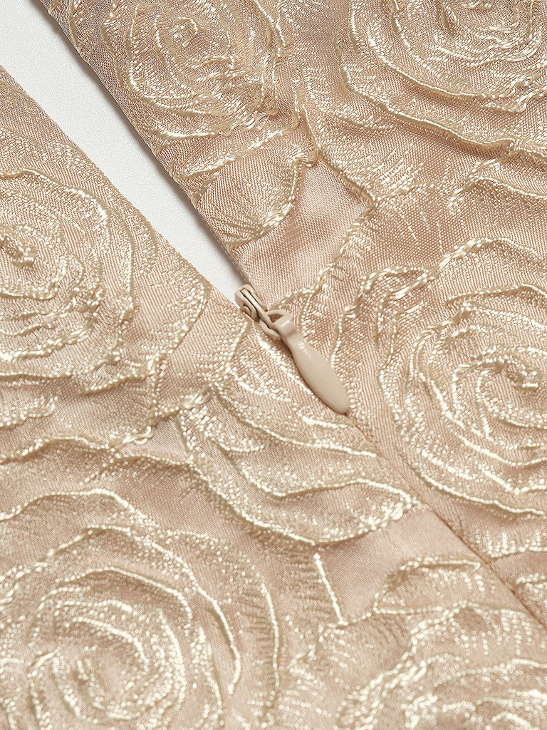 Champagne 1930s Rose Jacquard V-Neck Bow Dress - vintage dress, retro fashion