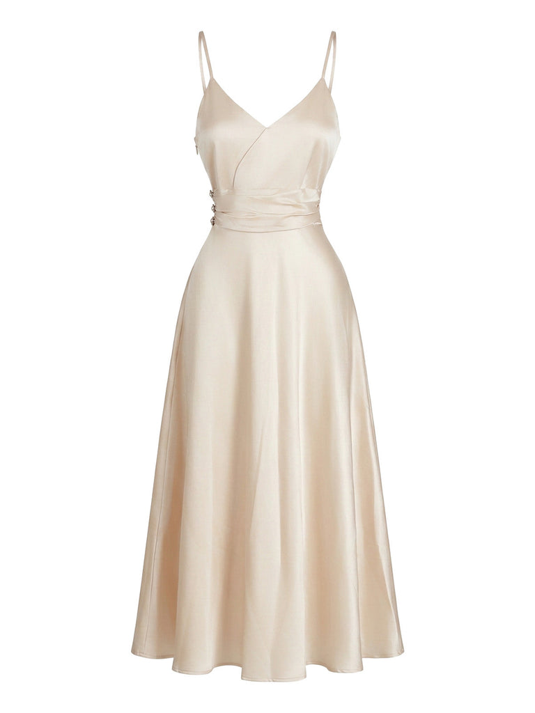 Champagne 1930s Satin V-Neck Belted Spaghetti Strap Dress, vintage dress, retro fashion - perfect for women who love vintage and retro fashion
