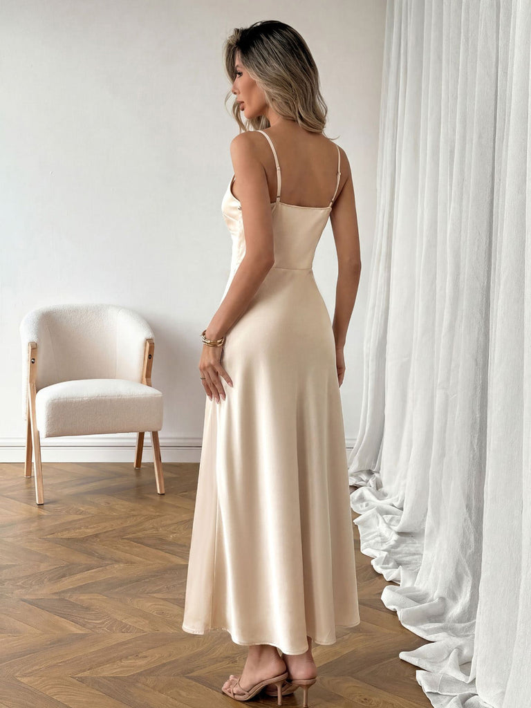 Champagne 1930s Satin V-Neck Belted Spaghetti Strap Dress, vintage dress, retro fashion - perfect for women who love vintage and retro fashion
