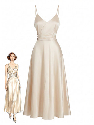 Champagne 1930s Satin V-Neck Belted Spaghetti Strap Dress, vintage dress, retro fashion - perfect for women who love vintage and retro fashion